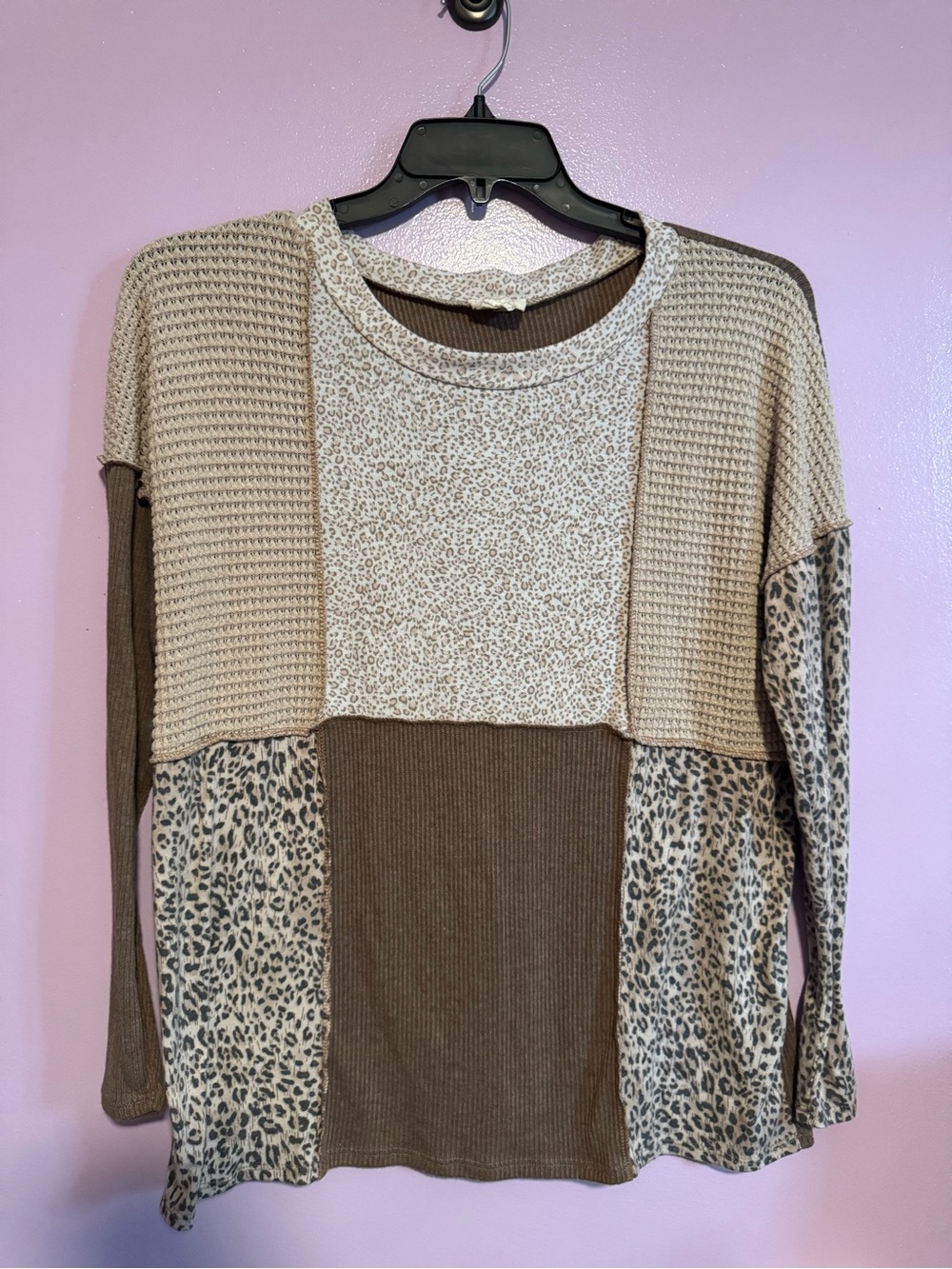 BiBi Leopard Print Mixed Knit Long Sleeve Top - Beige & Brown